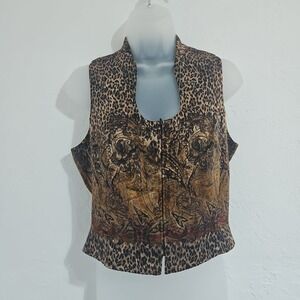 Vintage Georgiou Vest Womens Size 6 Leopard Animal Cheetah Zip Mob Wife Hippie